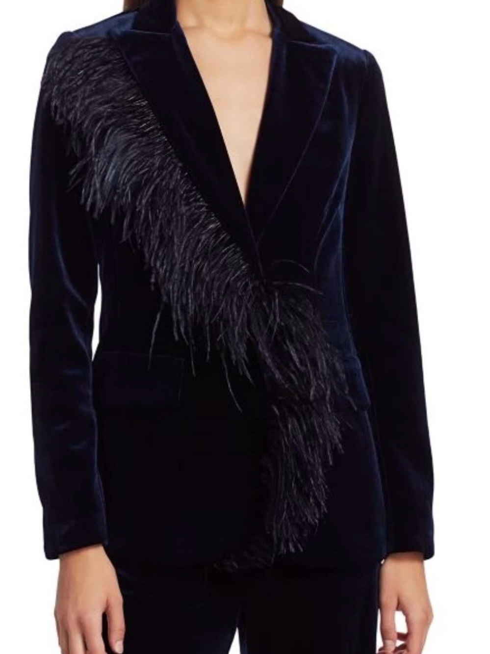 Rickie Freeman for Teri Jon Navy Velvet Blazer with Black Ostrich Feather Trim - Picture 3 of 11